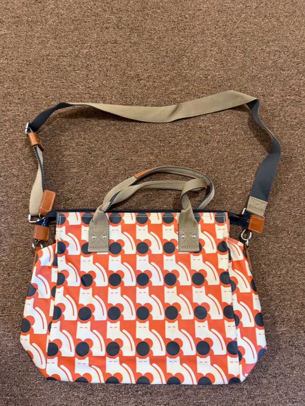 Orla Kiely Cat Print Rick Bag Orange Cream Tote Crossbody Rare